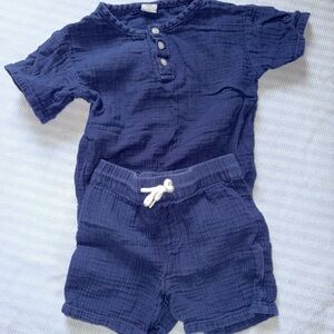 Navy Blue Button-Up Shirt and Shorts Set